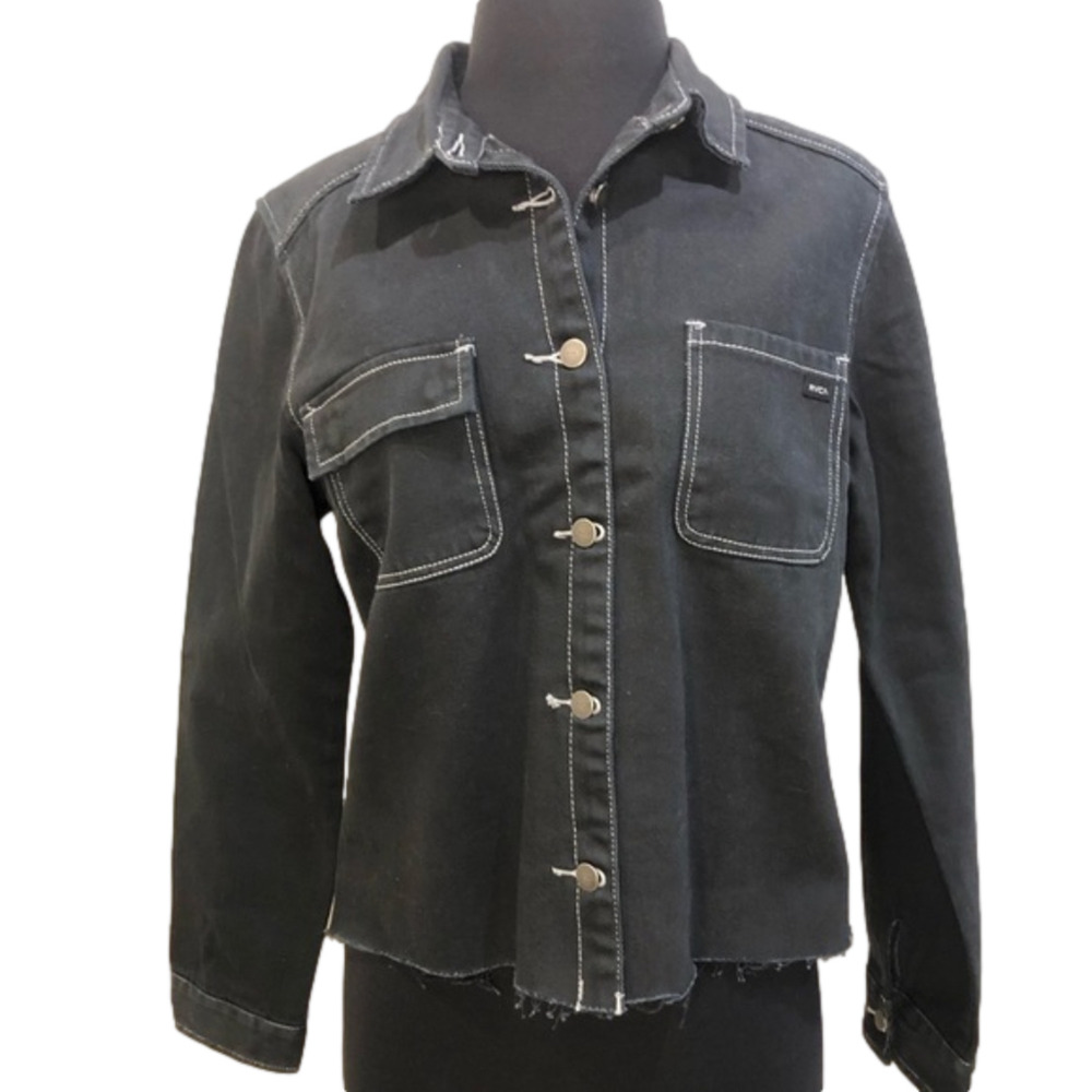 RVCA Daze Denim Jacket Raw Hem Button Up Pockets M (10) Black Skater Streetwear